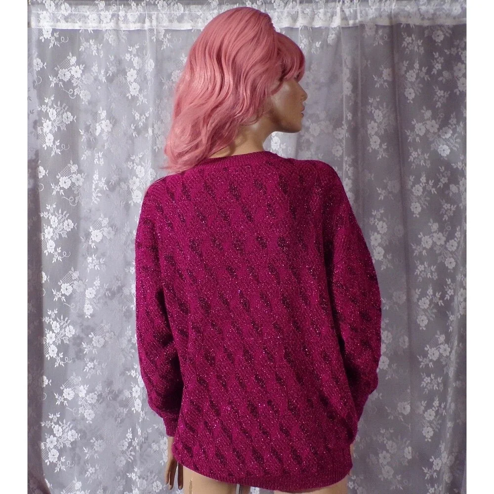 Vintage 80s Sweater 1980s Dark Pink Glitter New Wave Hipster Retro Size Large